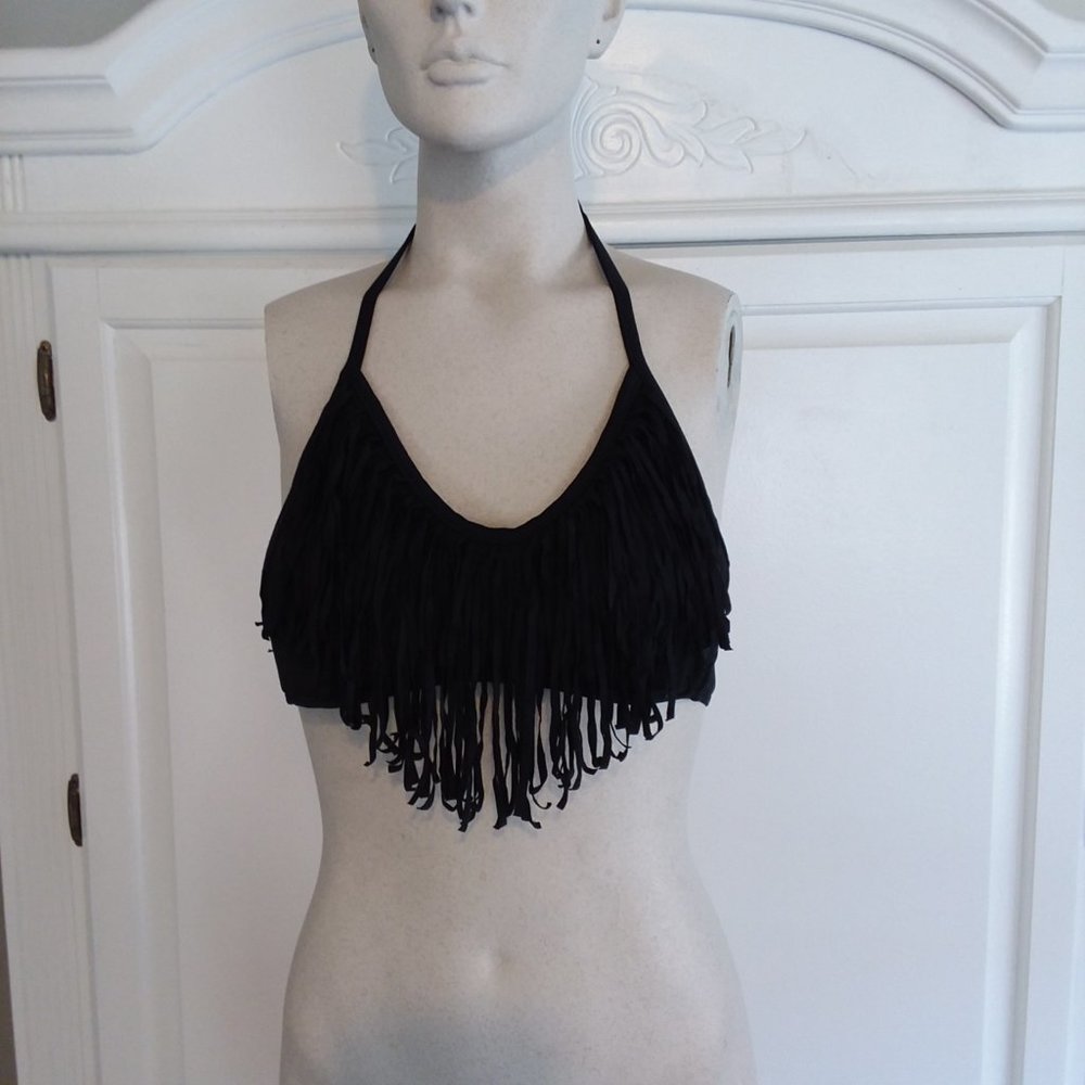 Sia black fringed bathing suit top/bikini, size small